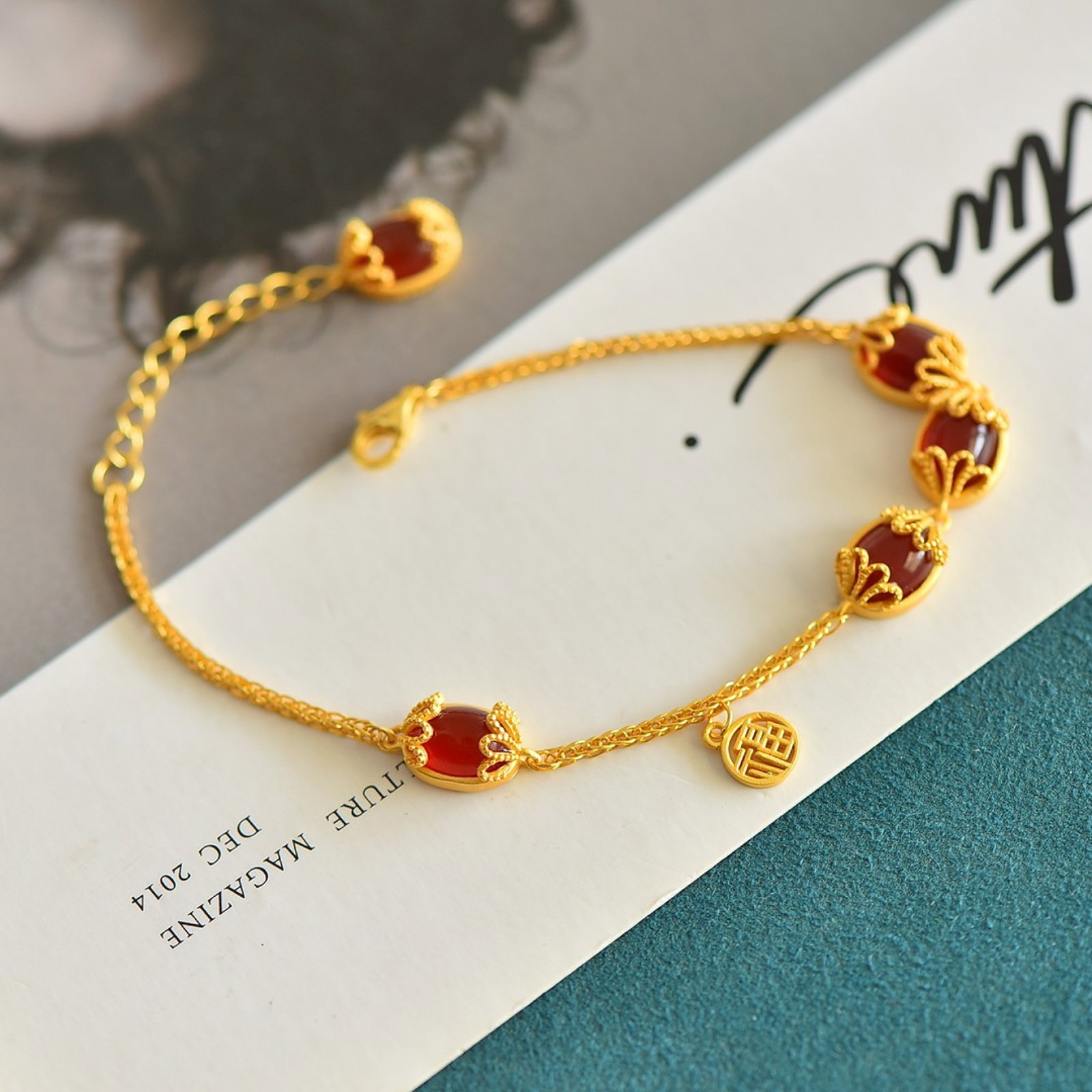 An Exquisite Sterling Silver-Gold Plated Inlaid Agate Bracelets - 3