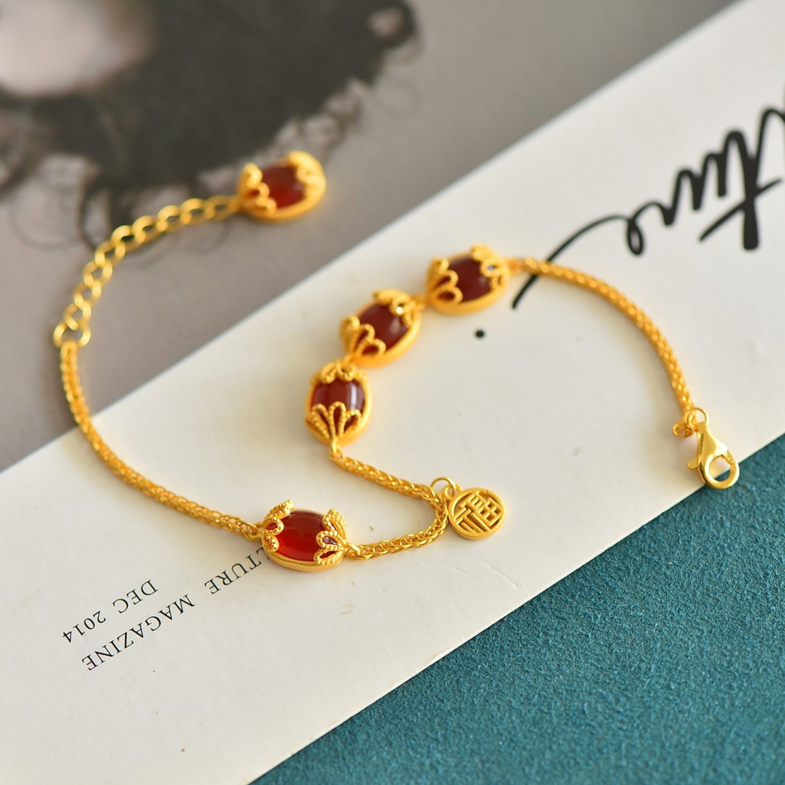 An Exquisite Sterling Silver-Gold Plated Inlaid Agate Bracelets - 4
