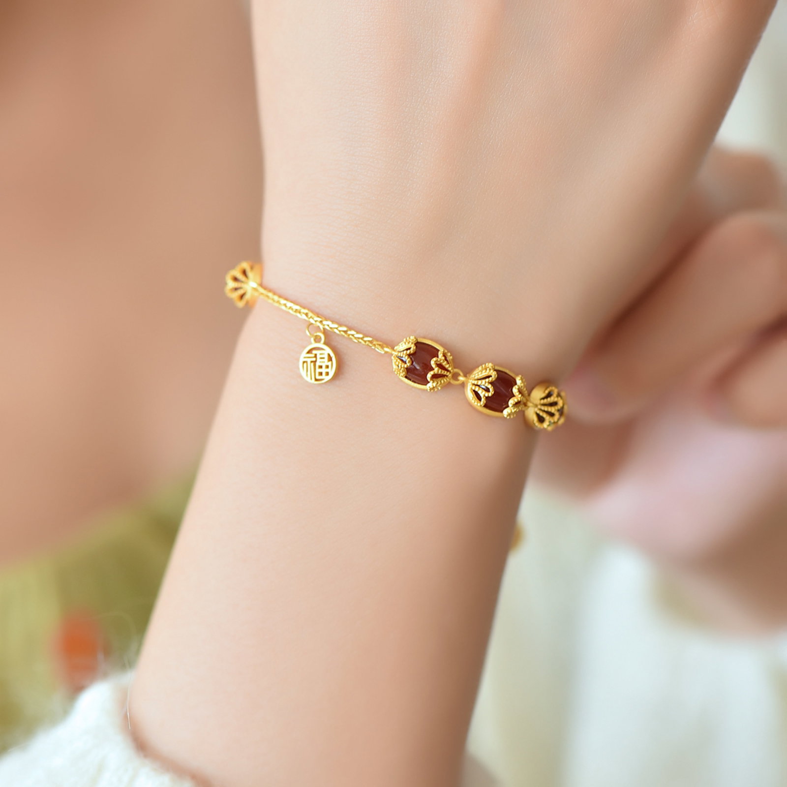 An Exquisite Sterling Silver-Gold Plated Inlaid Agate Bracelets - 6