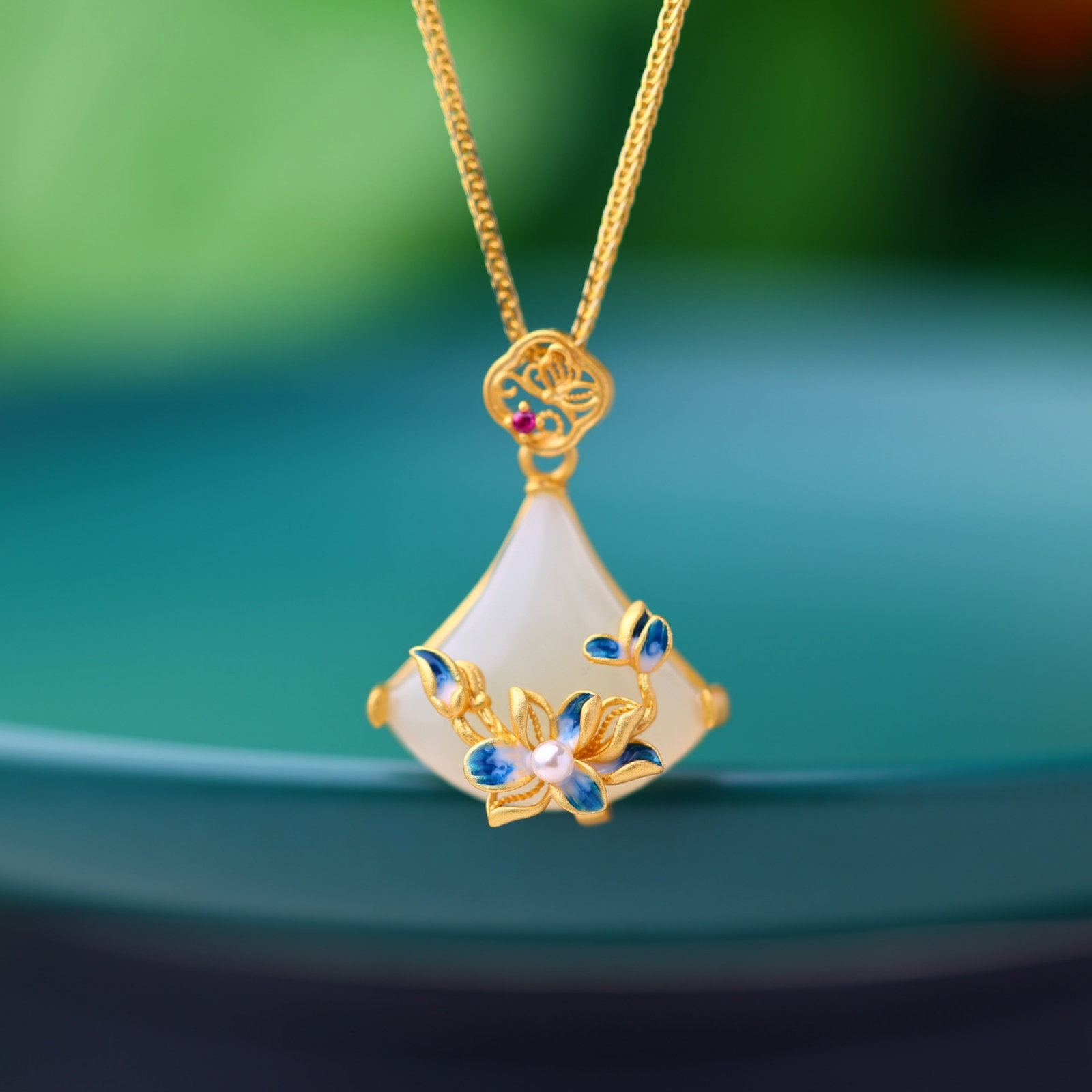 An Exquisite Sterling Silver-Gold Plated Inlaid White Jade Enamel Pendant - 2