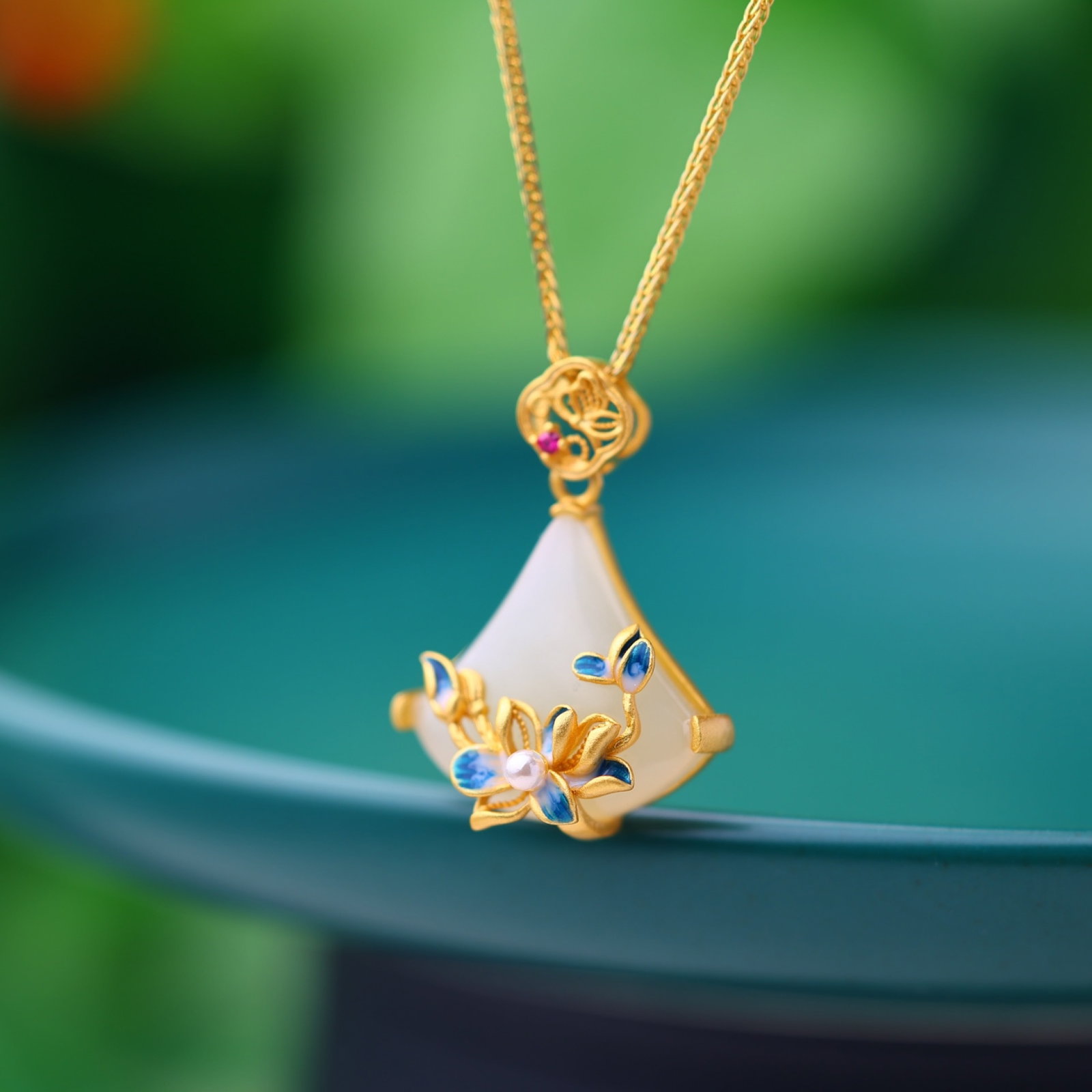 An Exquisite Sterling Silver-Gold Plated Inlaid White Jade Enamel Pendant - 3
