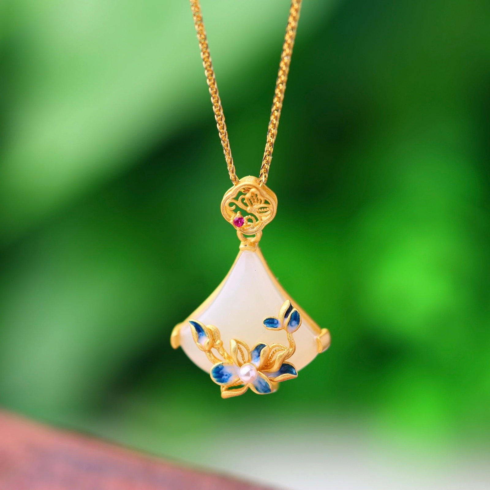 An Exquisite Sterling Silver-Gold Plated Inlaid White Jade Enamel Pendant - 4