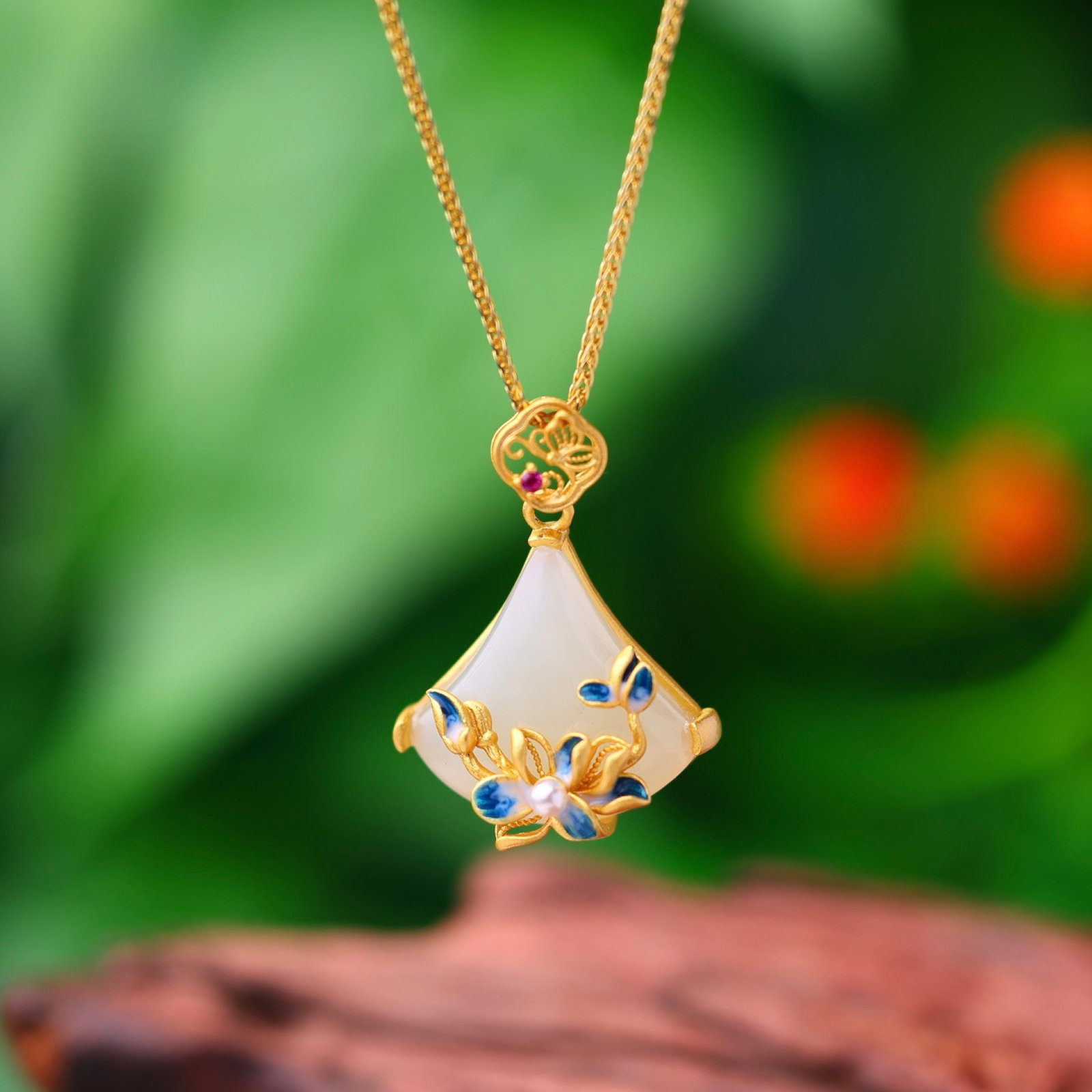 An Exquisite Sterling Silver-Gold Plated Inlaid White Jade Enamel Pendant - 5