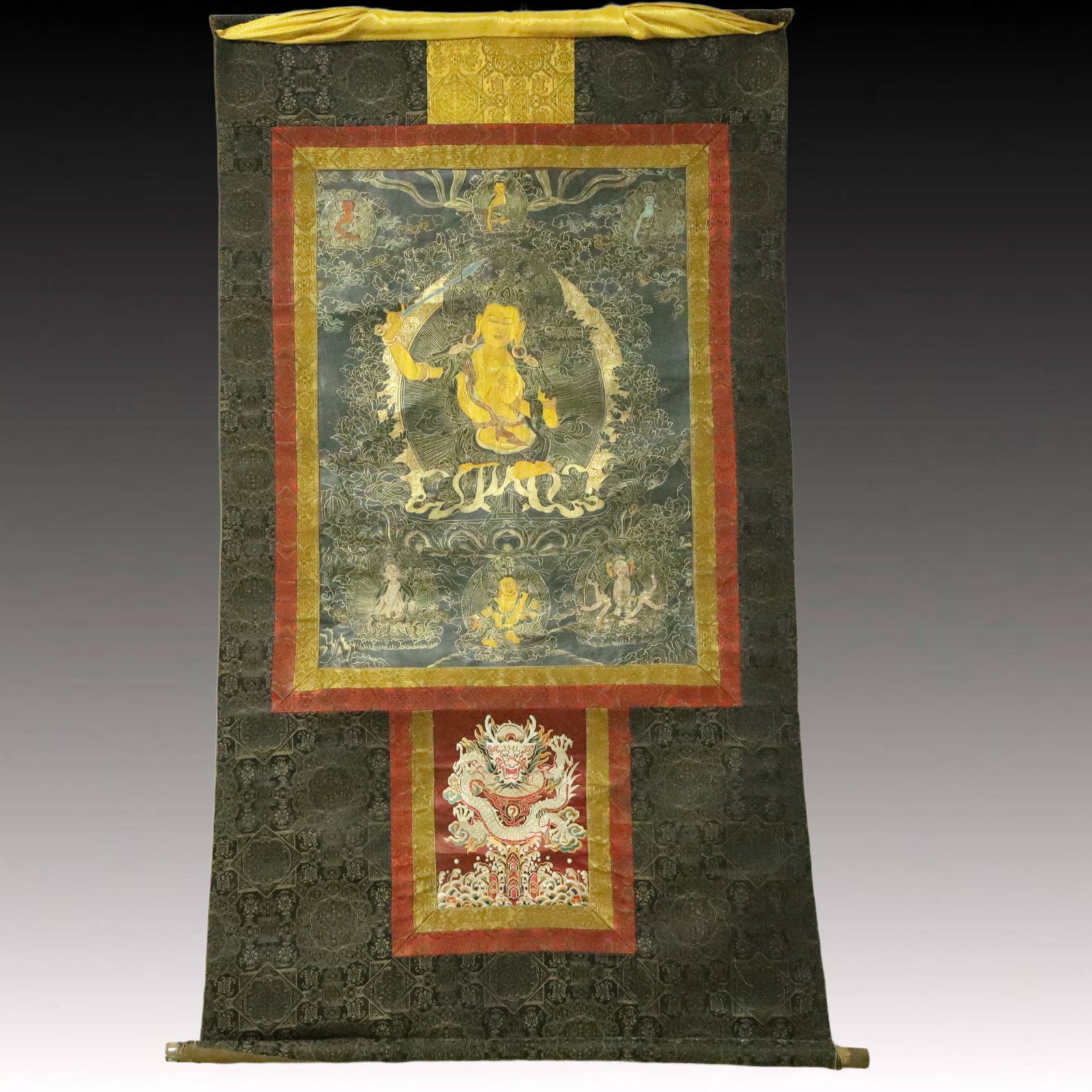 A Rare Brocade Painted Color Statue of Manjusri Tangka: Estimated Value:7500-15000 A Rare Brocade Painted Color Statue of Manjusri Tangka,Qing Dynasty, China,Size:35.4inx60.2in