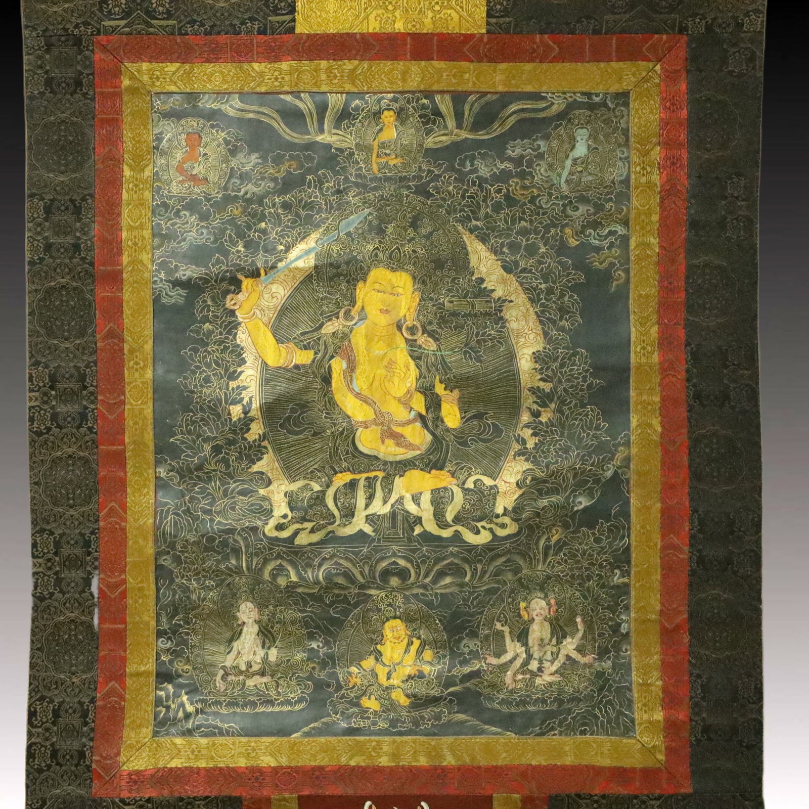 A Rare Brocade Painted Color Statue of Manjusri Tangka - 2