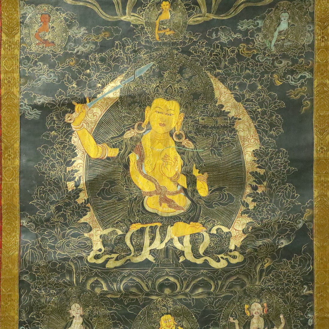 A Rare Brocade Painted Color Statue of Manjusri Tangka - 3