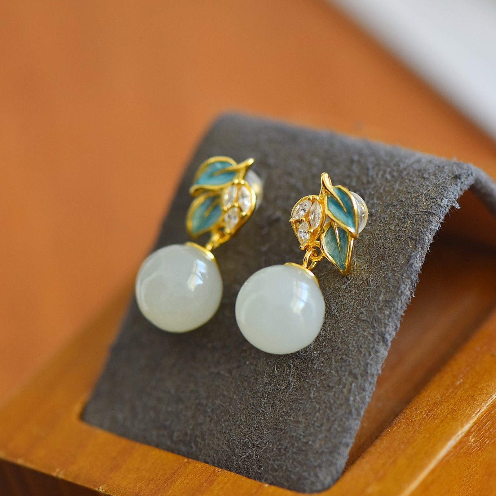 A Pair of Exquisite Sterling Silver-Gold Plated Inlaid White Jade Enamel Earrings - 2