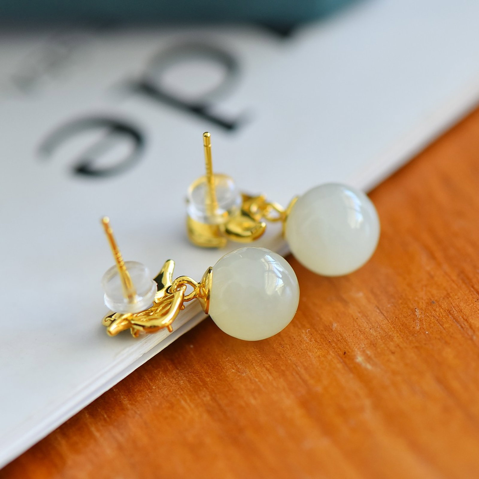 A Pair of Exquisite Sterling Silver-Gold Plated Inlaid White Jade Enamel Earrings - 5