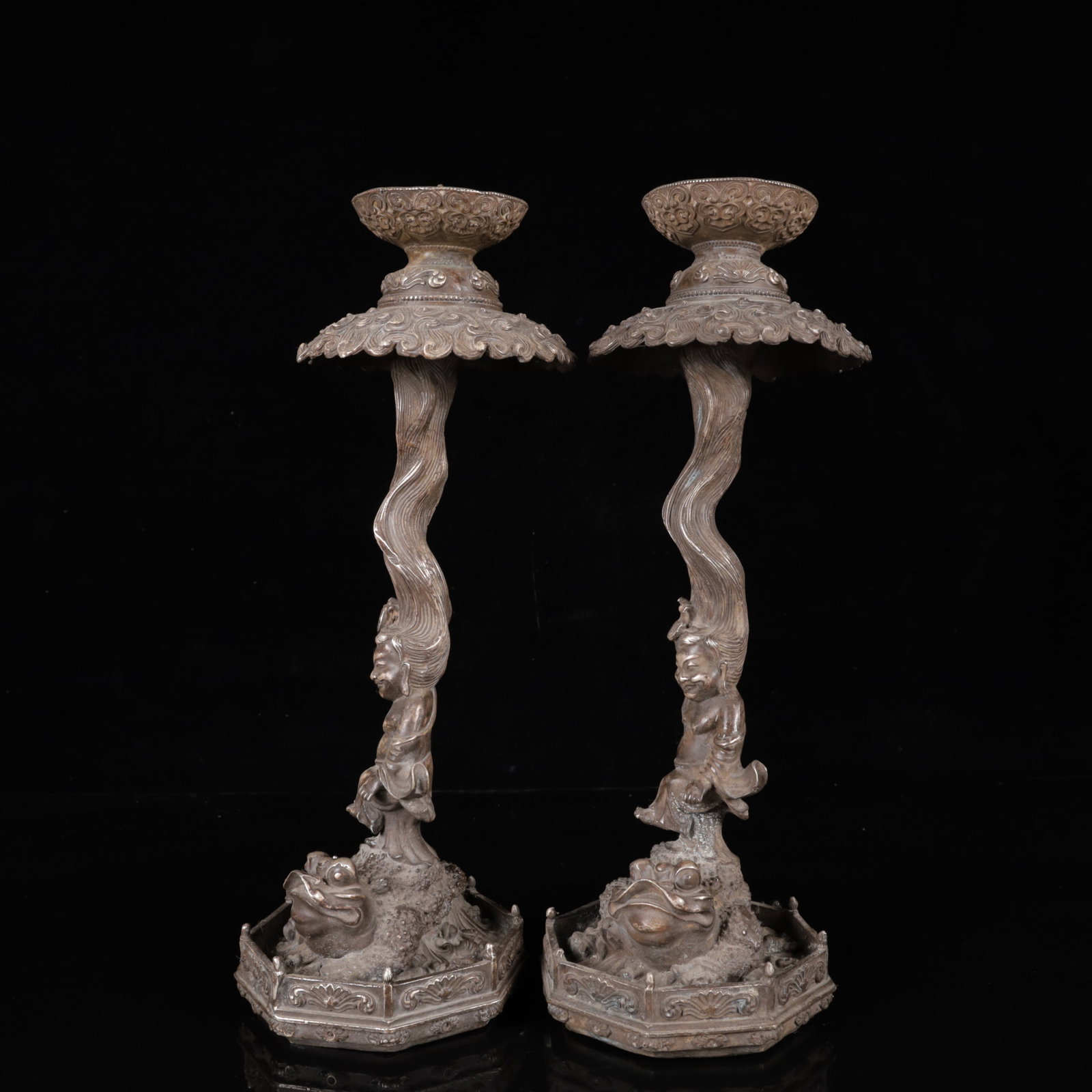 A Pair of Exquisite Silver-Plated Bronze Figure Pattern Auspicious Beast Candlesticks - 4