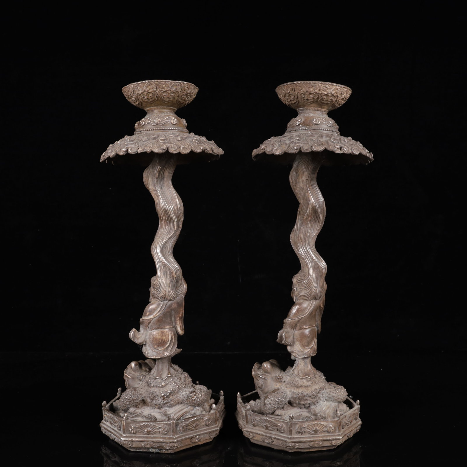 A Pair of Exquisite Silver-Plated Bronze Figure Pattern Auspicious Beast Candlesticks - 5