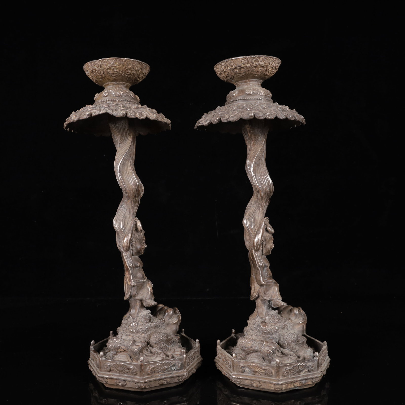 A Pair of Exquisite Silver-Plated Bronze Figure Pattern Auspicious Beast Candlesticks - 6