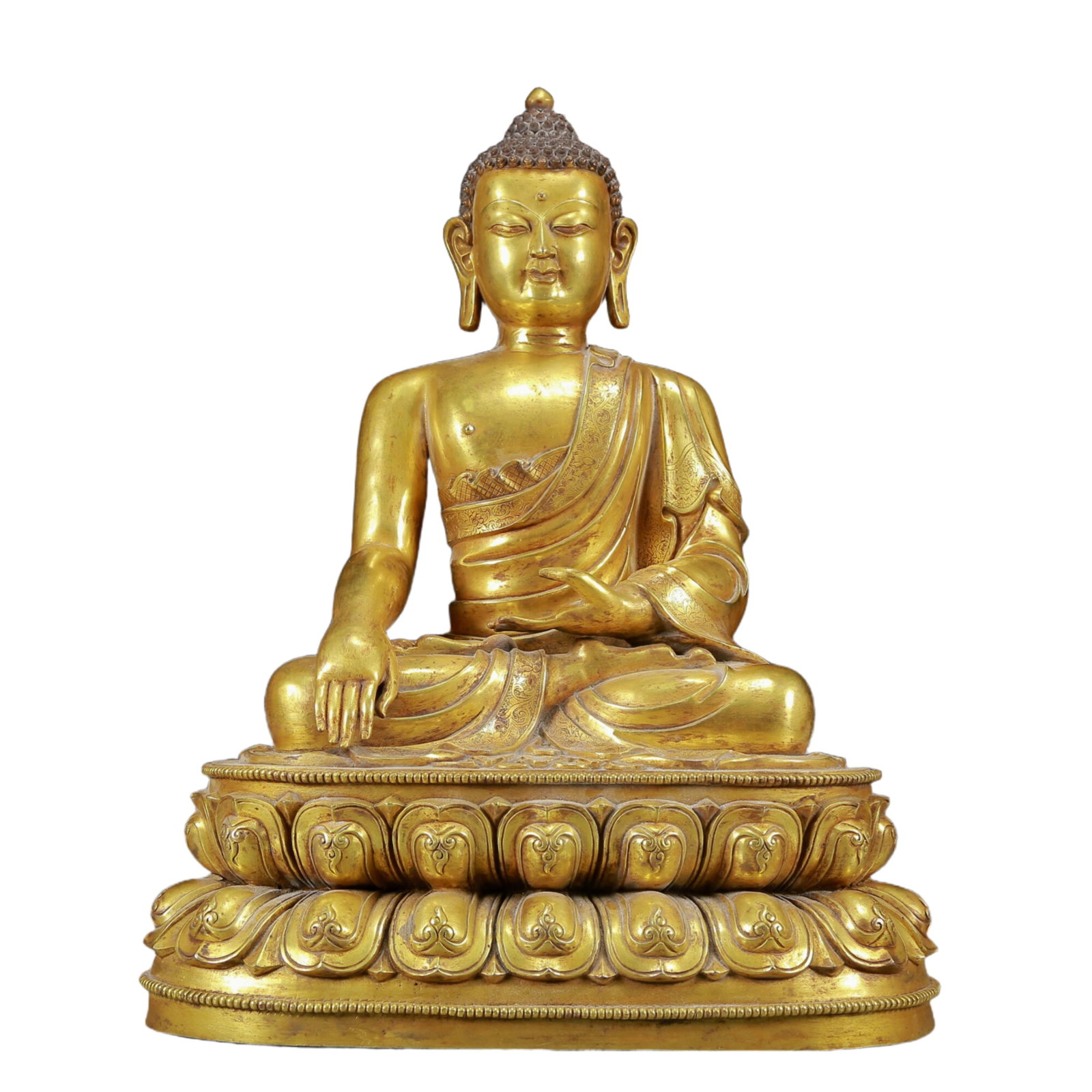 A Solemn Gilt Bronze Statue of Sakyamuni: Estimated Value:12000-24000 A Solemn Gilt Bronze Statue of Sakyamuni,Ming Dynasty, China,Size:14.2inx10.6inx19.3in,Weight:19705g 铜鎏金释迦摩尼像，