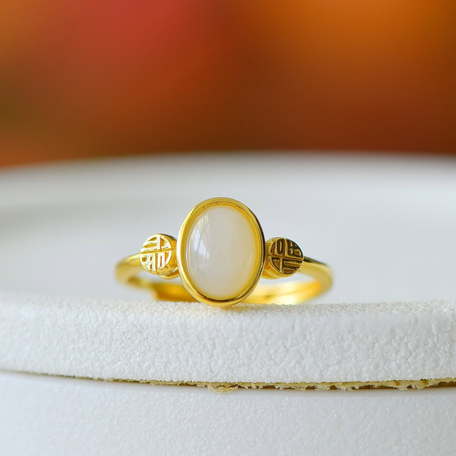 An Exquisite Sterling Silver-Gold Plated Inlaid White Jade Ring - 2