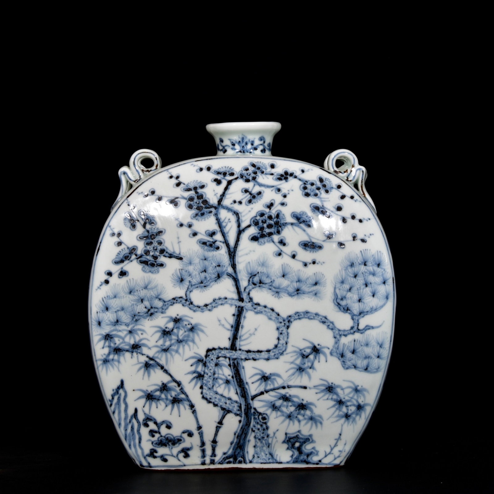 An Exquisite Blue and White Pine, Bamboo and Plum Blossom Pattern Four Ears Vase: Estimated Value:2400-4800 An Exquisite Blue and White Pine, Bamboo and Plum Blossom Pattern Four Ears Vase,Ming Dynasty, China,Hongwu Mark,Size:10.6inx9.4in 青花松竹梅