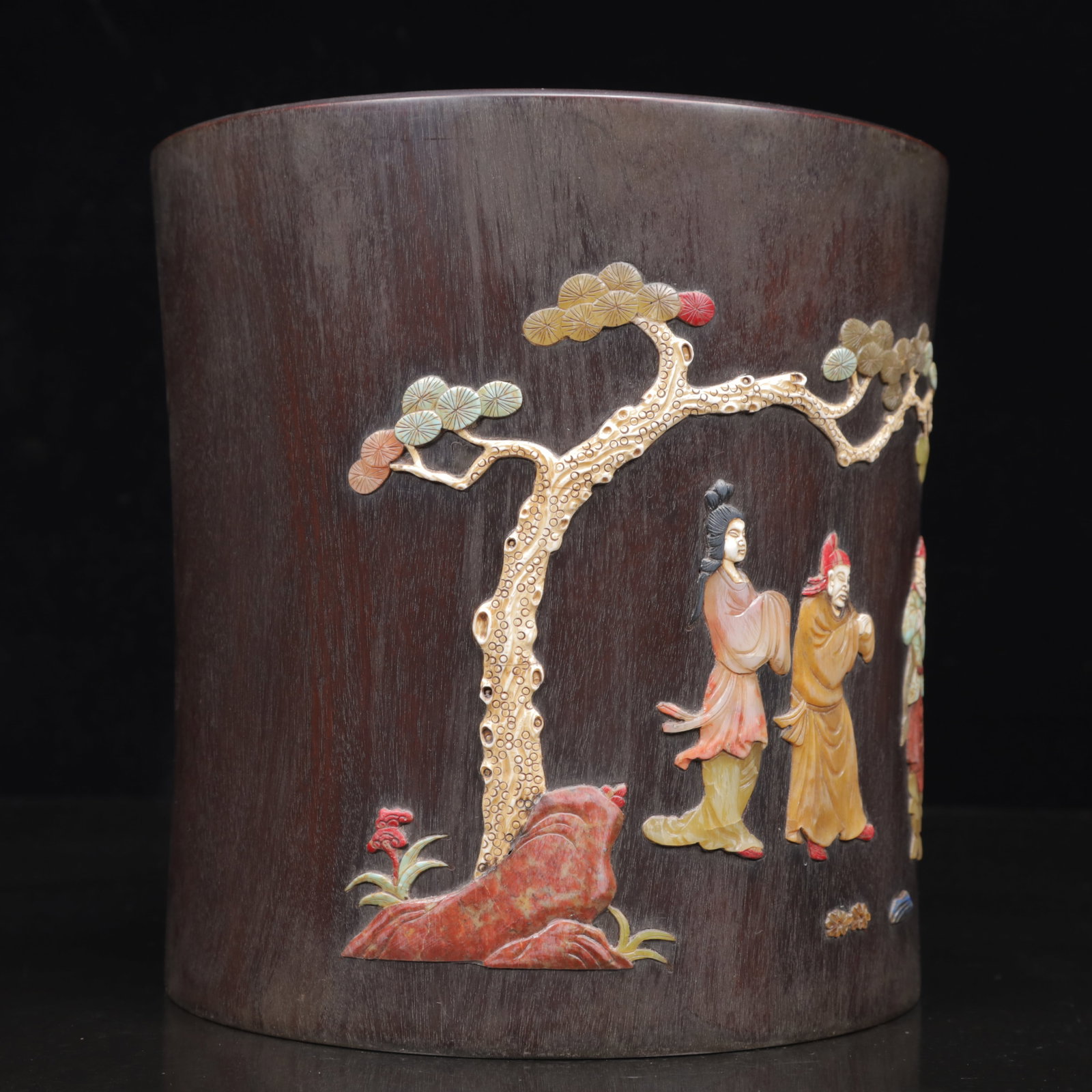 An Exquisite Zitanwood Figure Pattern Brush Pot,Inlaid Gems - 10