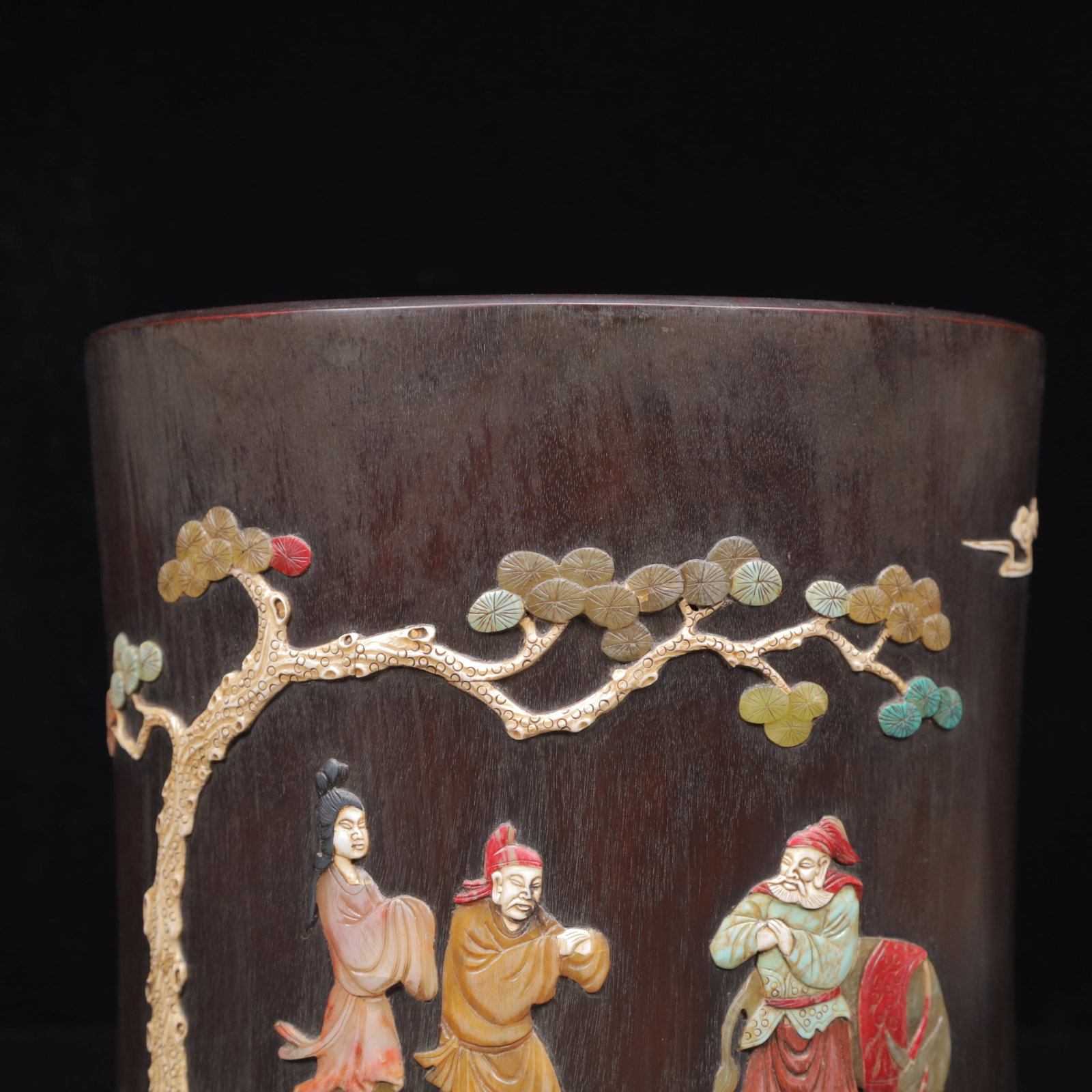 An Exquisite Zitanwood Figure Pattern Brush Pot,Inlaid Gems - 2
