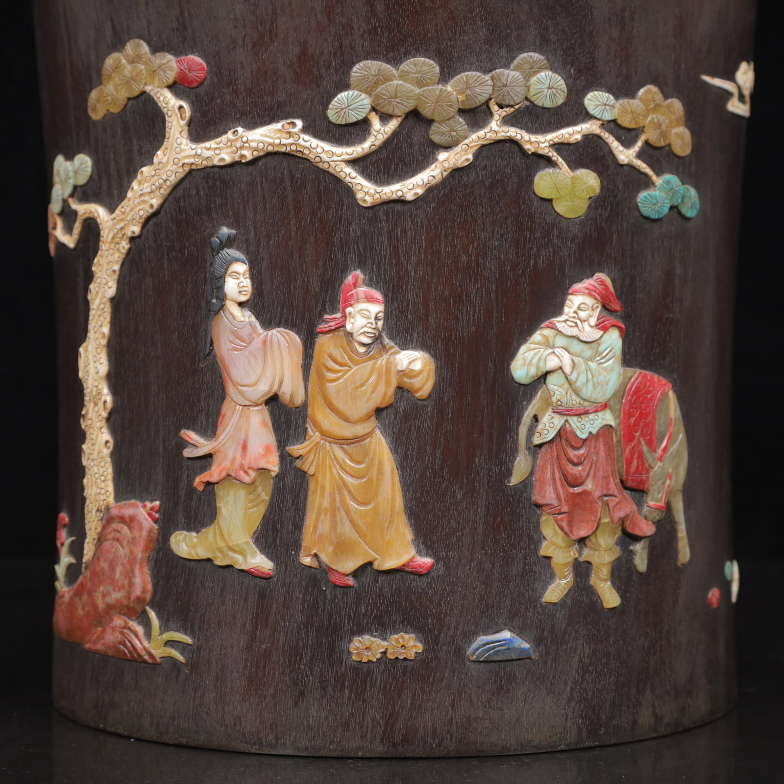 An Exquisite Zitanwood Figure Pattern Brush Pot,Inlaid Gems - 3