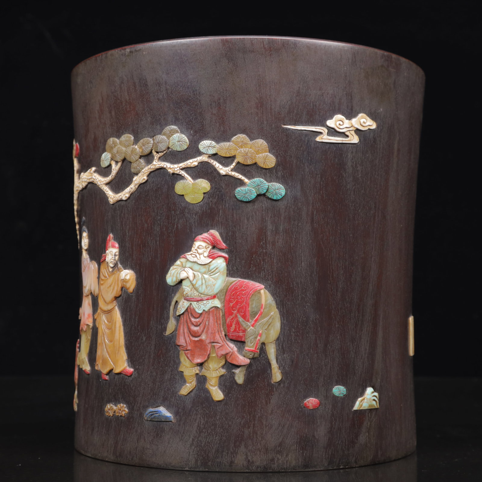 An Exquisite Zitanwood Figure Pattern Brush Pot,Inlaid Gems - 4