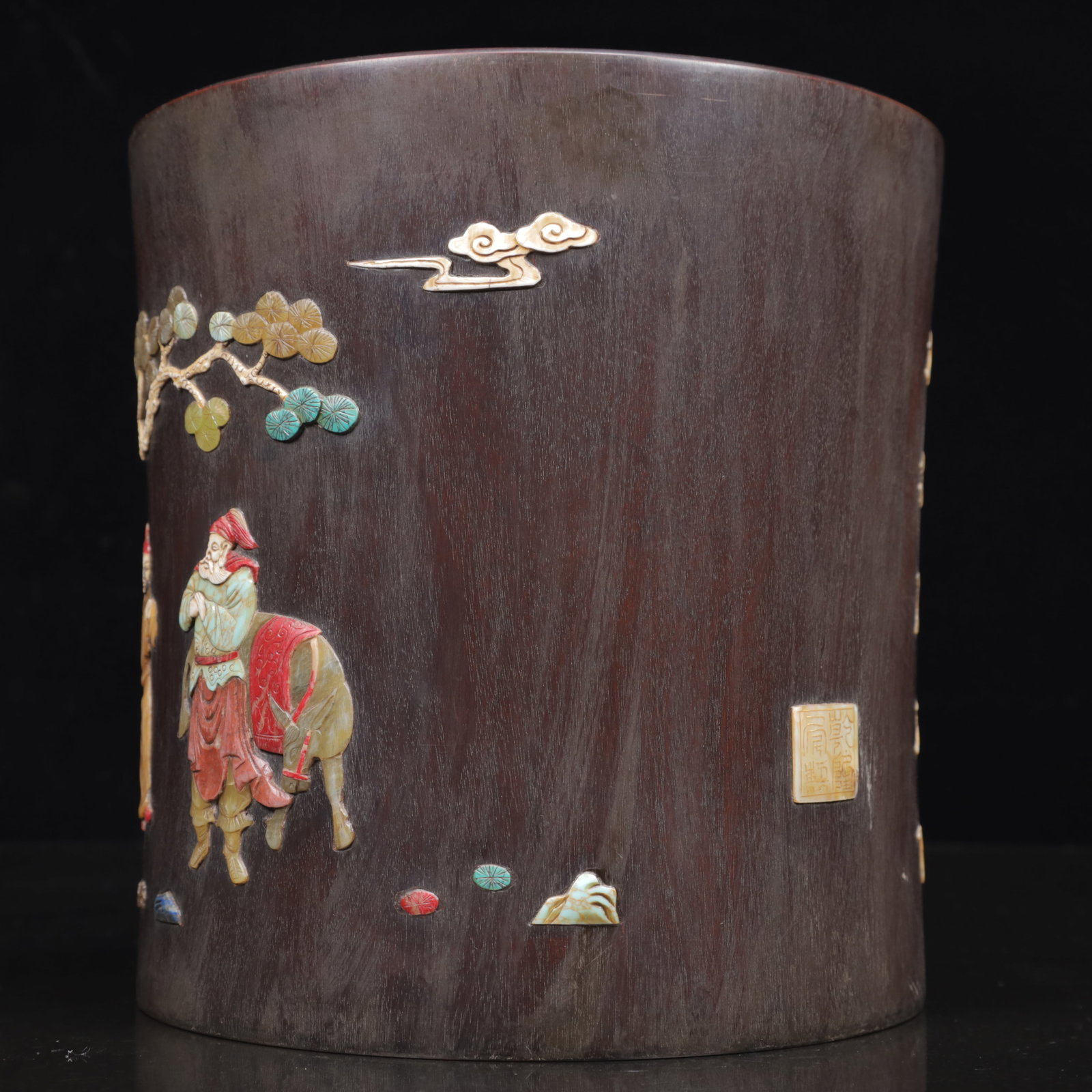 An Exquisite Zitanwood Figure Pattern Brush Pot,Inlaid Gems - 5