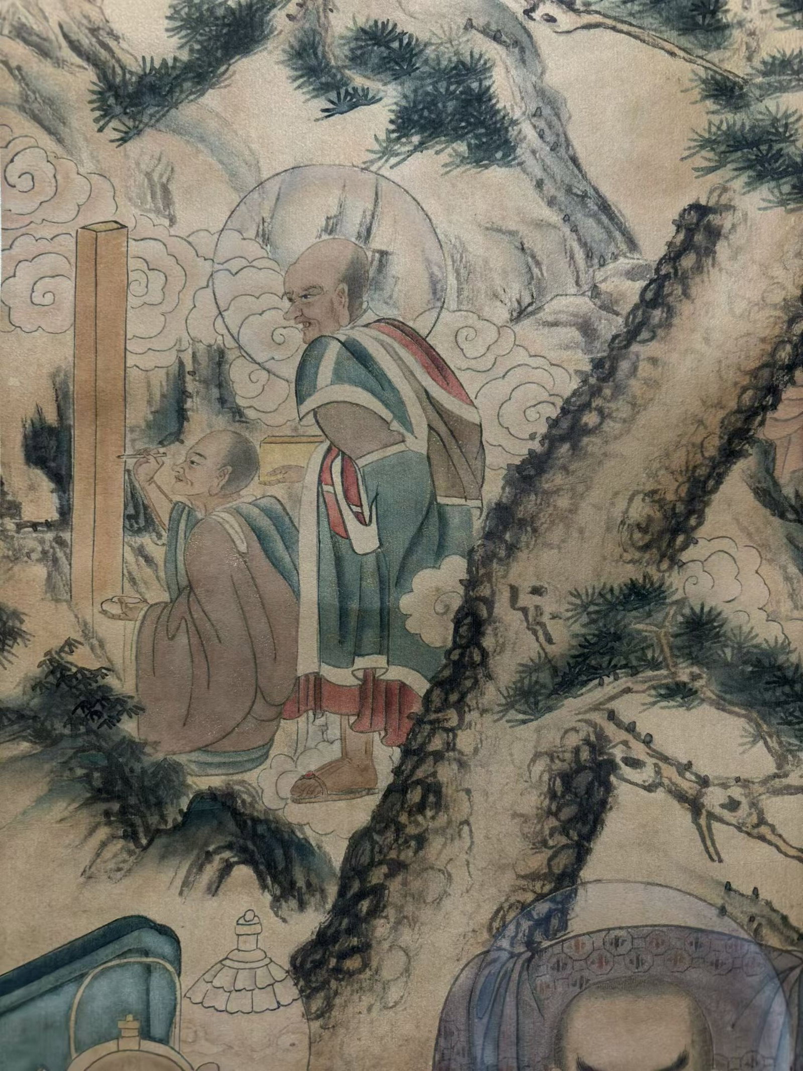 A Chinese Vertical Scroll Ink Painting of Statue of Arhat on Silk,Ding Yunpeng - 4