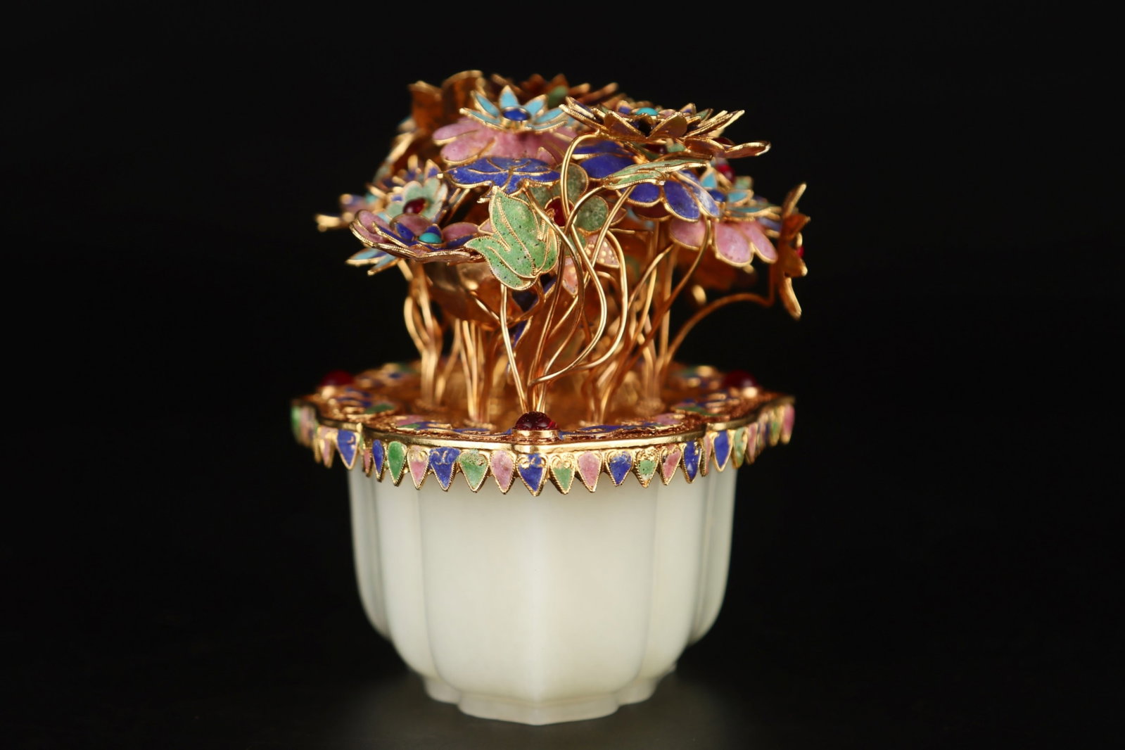 An Exquisite Gilt Silver Inlaid White Jade Bonsai,Inlaid Gems - 2