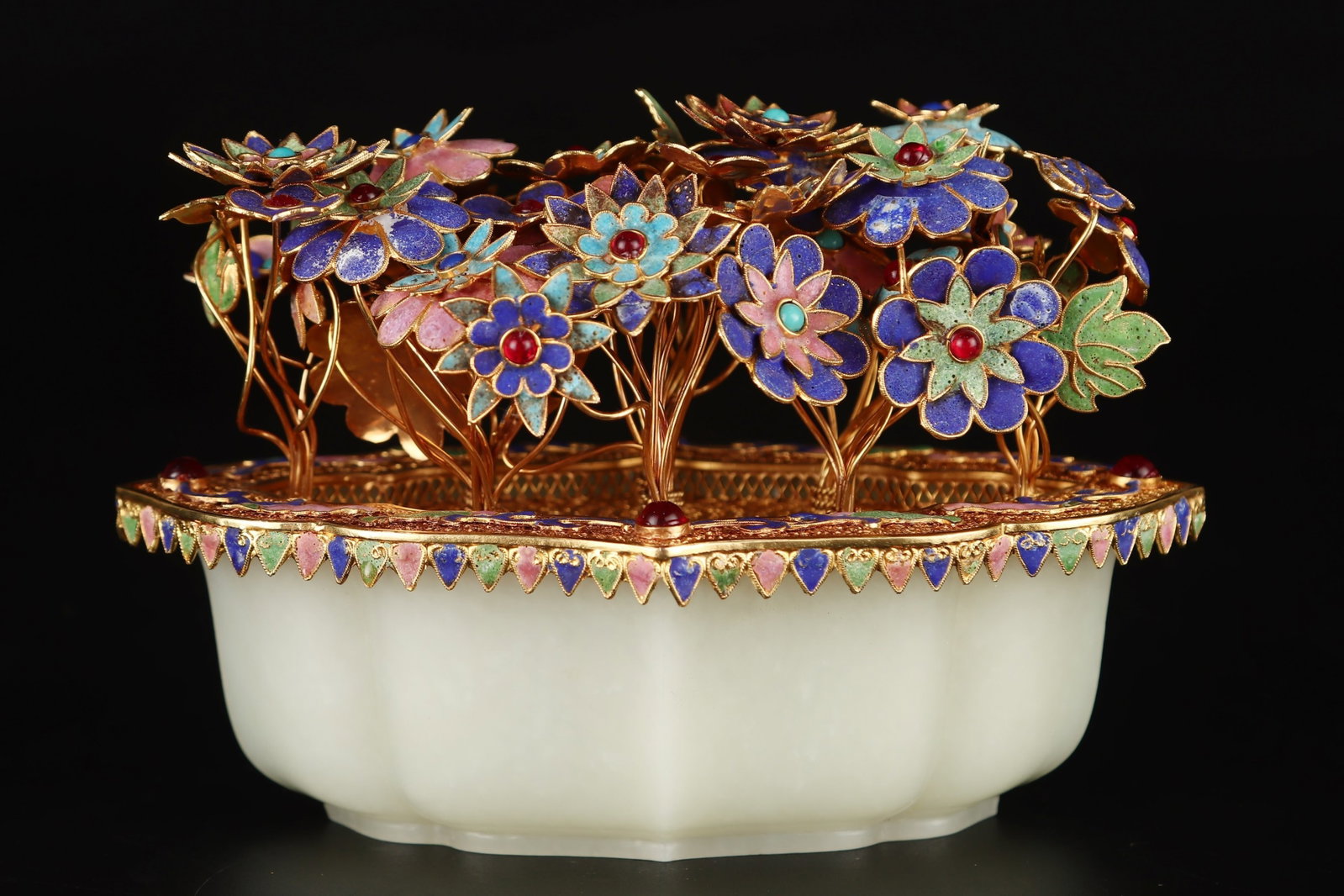 An Exquisite Gilt Silver Inlaid White Jade Bonsai,Inlaid Gems - 3