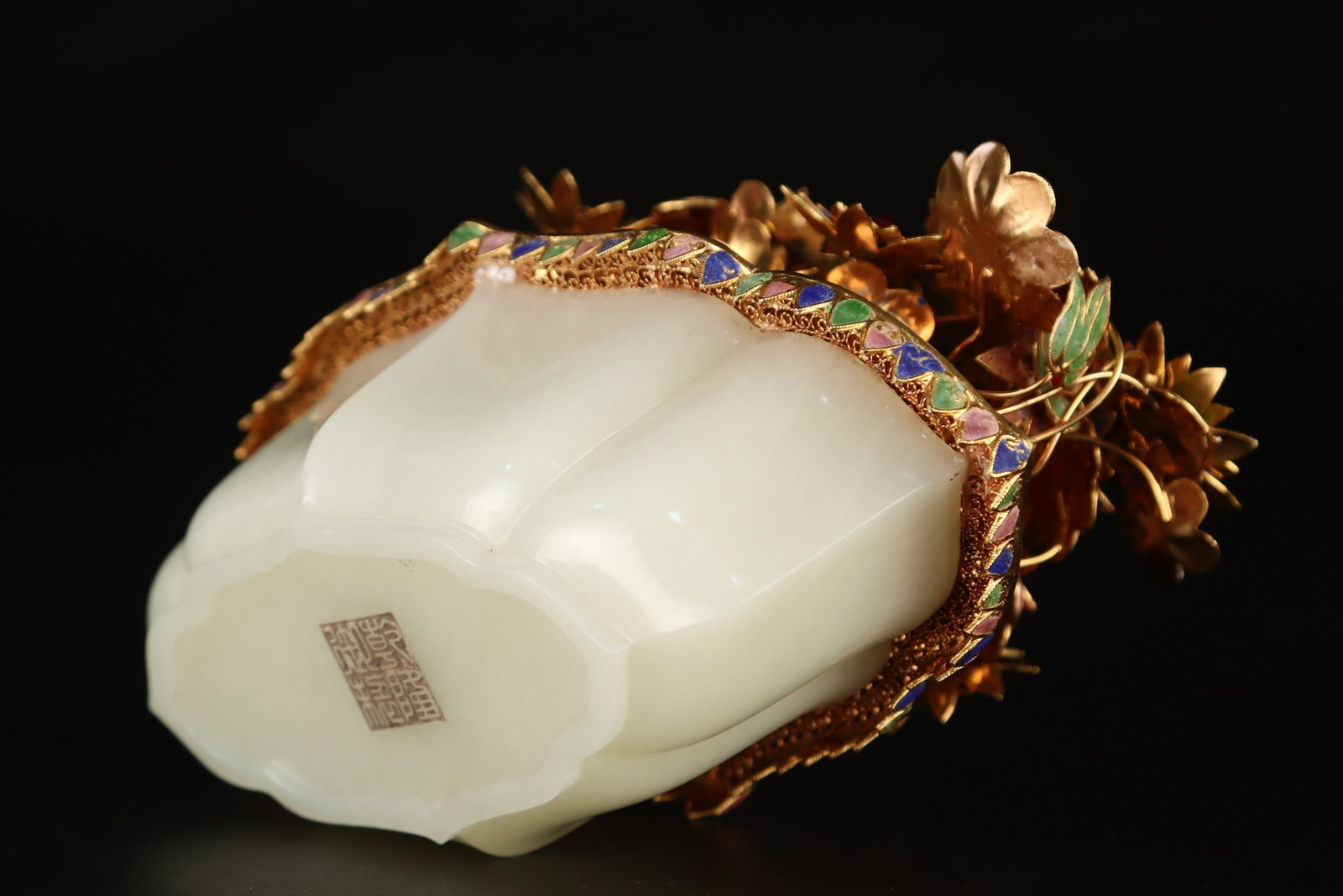 An Exquisite Gilt Silver Inlaid White Jade Bonsai,Inlaid Gems - 8