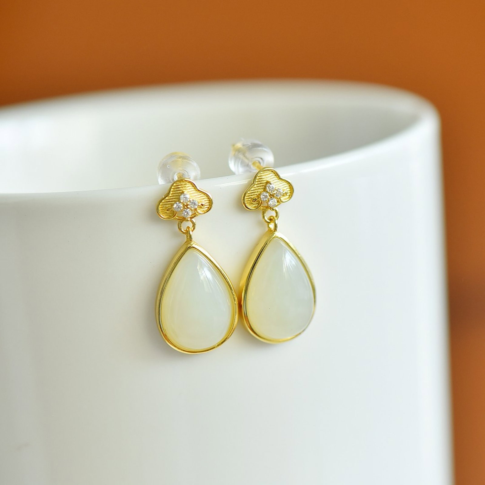 A Pair of Exquisite Sterling Silver-Gold Plated Inlaid White Jade Earrings,Inlaid Diamonds - 3