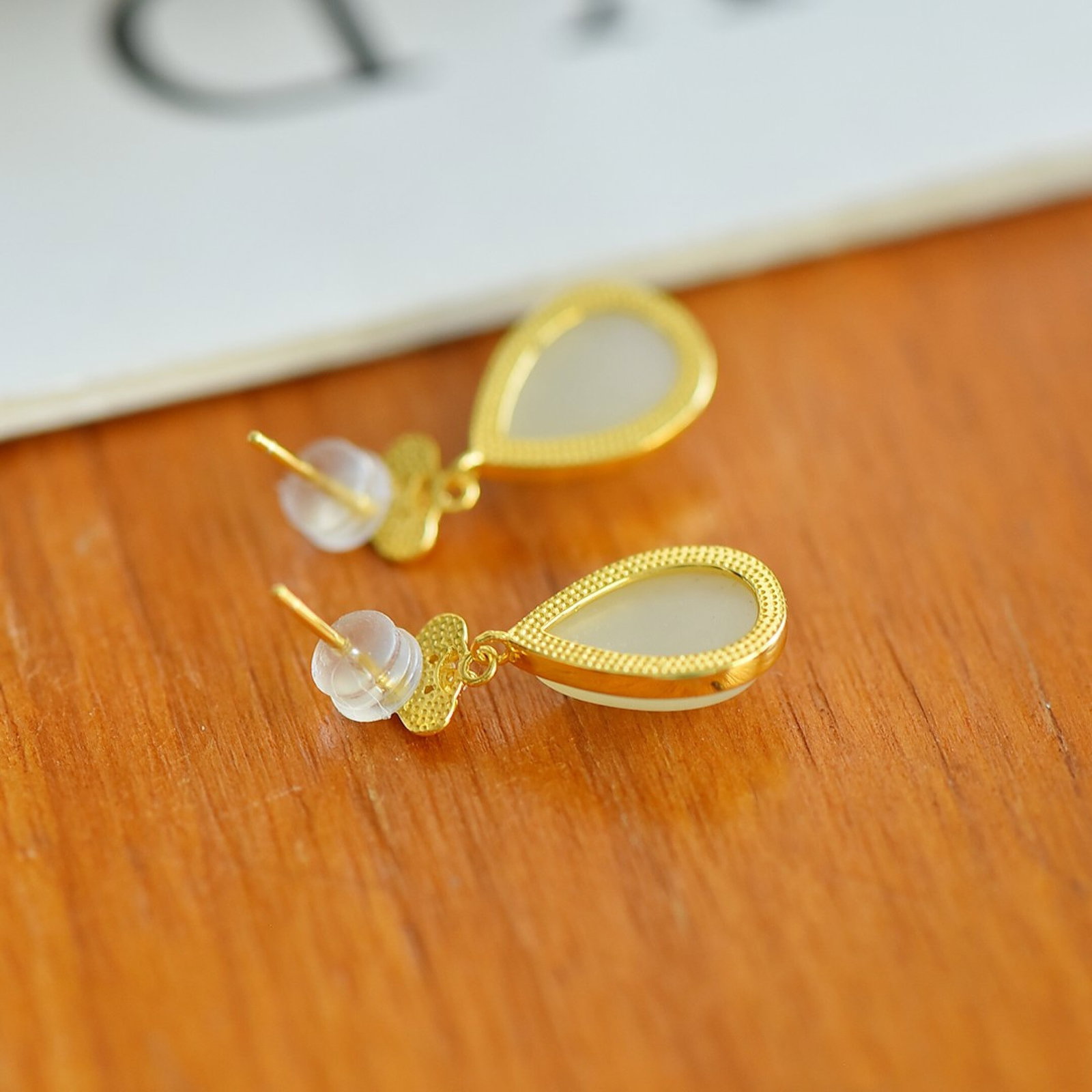 A Pair of Exquisite Sterling Silver-Gold Plated Inlaid White Jade Earrings,Inlaid Diamonds - 4
