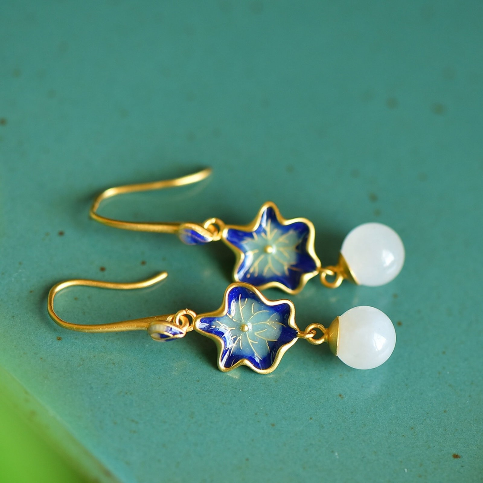 A Pair of Exquisite Sterling Silver-Gold Plated Inlaid White Jade Earrings - 2