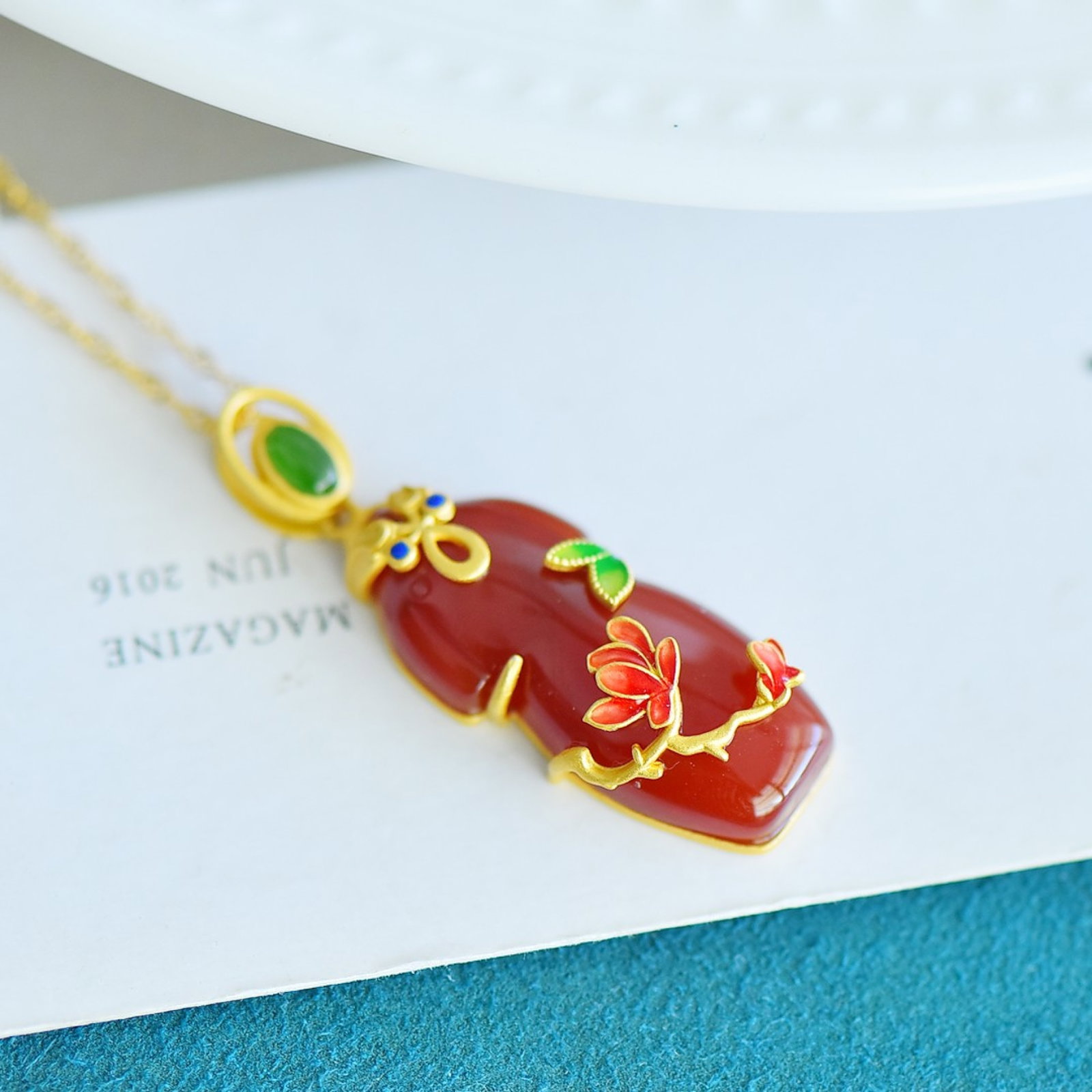 An Exquisite Sterling Silver-Gold Plated Inlaid Agate Pendant,Inlaid Jasper - 4