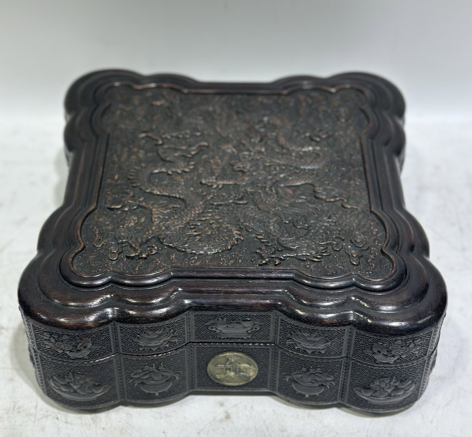 An Exquisite Zitanwood Auspicious Cloud and Dragon Pattern Box,With Poem: Estimated Value:3600-7200 An Exquisite Zitanwood Auspicious Cloud and Dragon Pattern Box,With Poem,Qing Dynasty, China,Size:10.2inx10.2inx3.7in