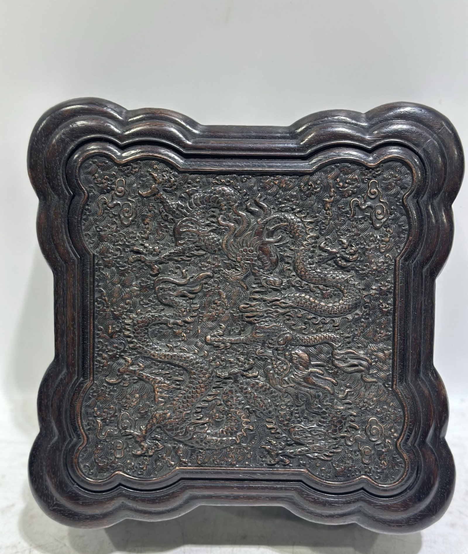 An Exquisite Zitanwood Auspicious Cloud and Dragon Pattern Box,With Poem - 5