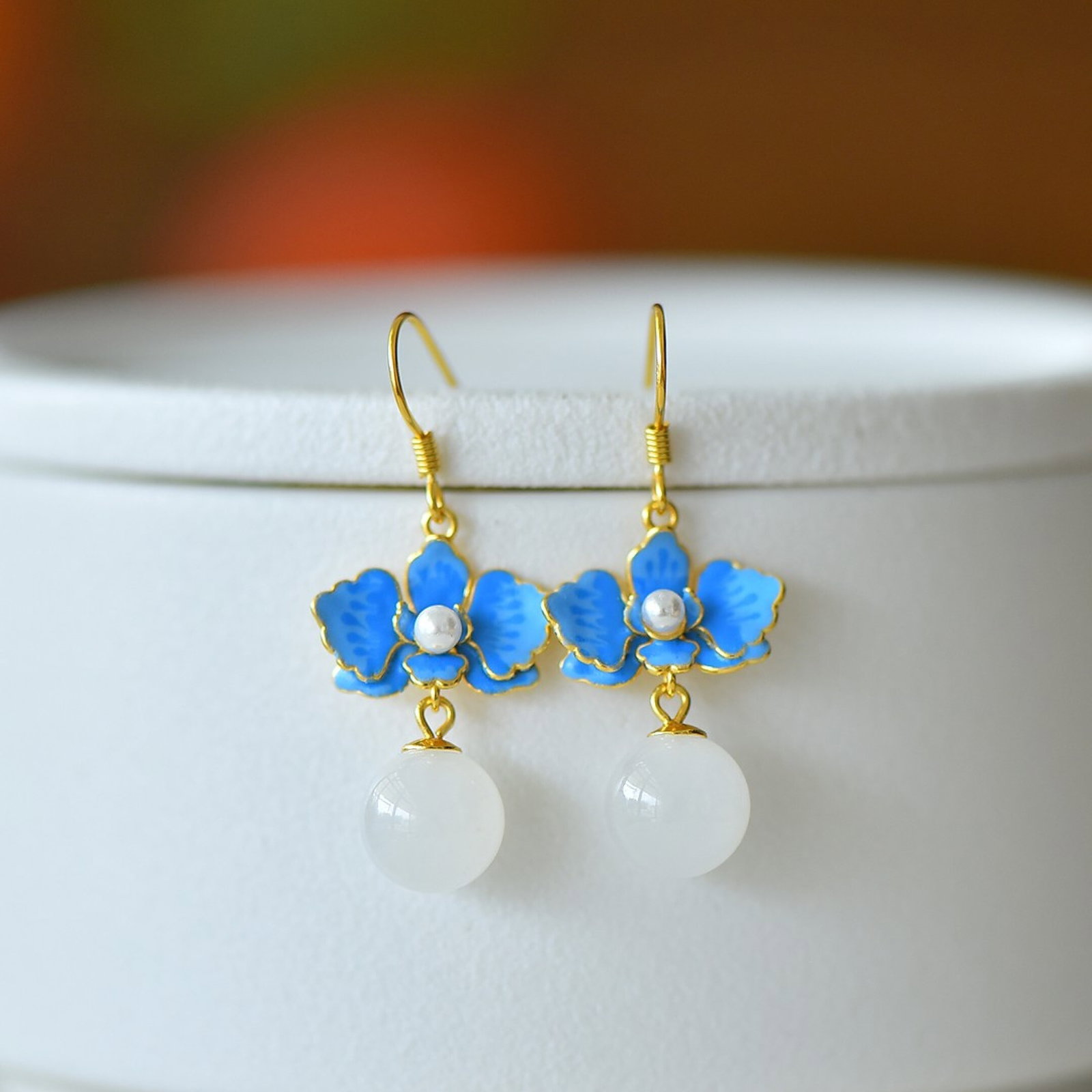 A Pair of Exquisite Sterling Silver-Gold Plated Inlaid White Jade Enamel Earrings - 2