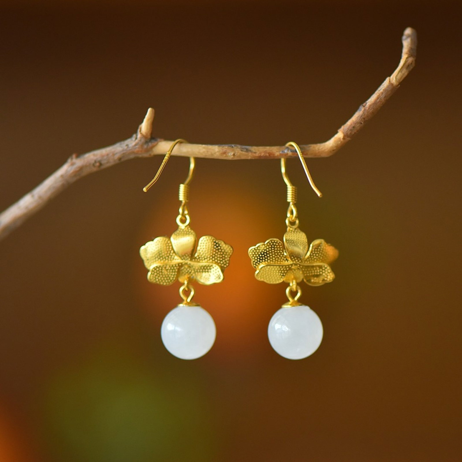 A Pair of Exquisite Sterling Silver-Gold Plated Inlaid White Jade Enamel Earrings - 5