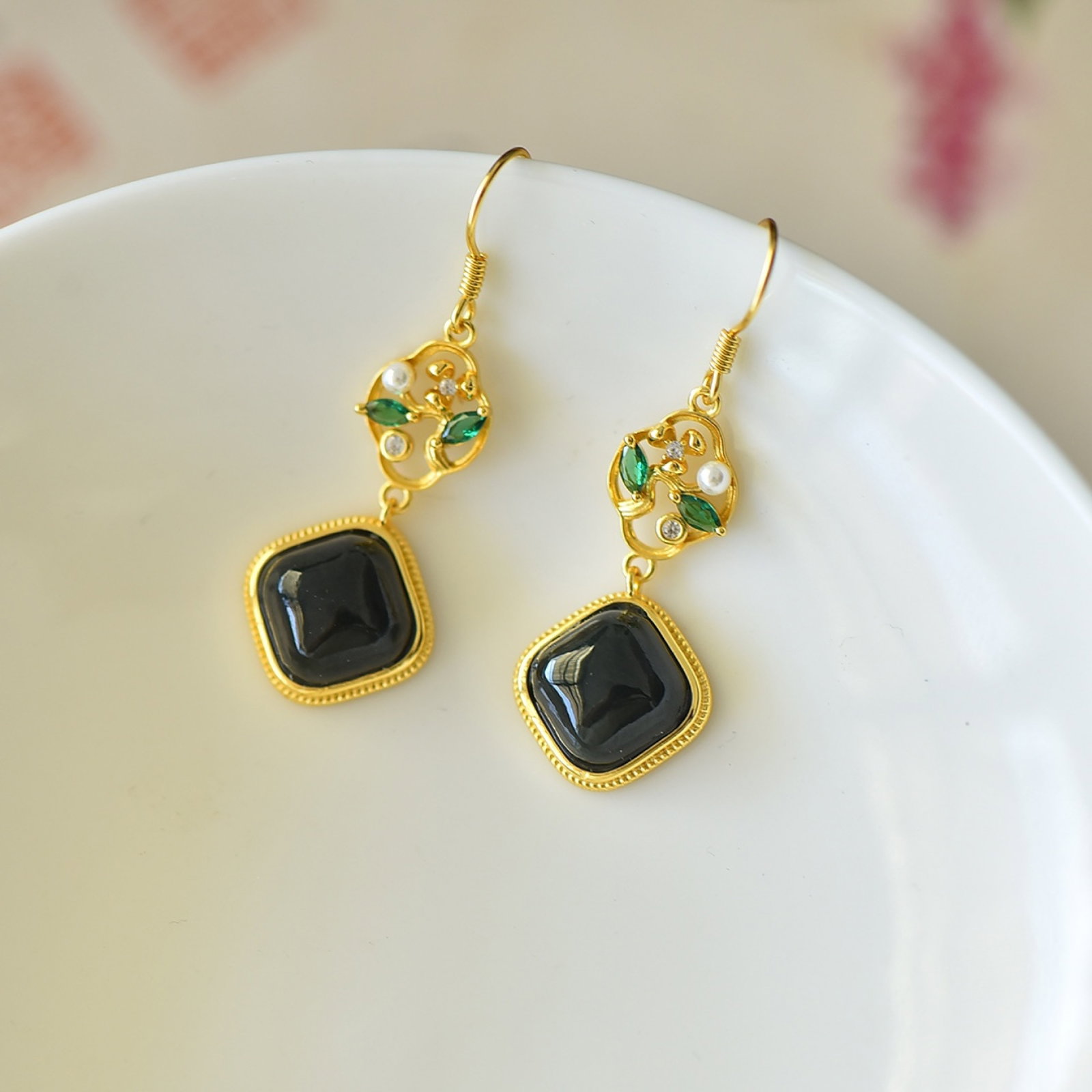 A Pair of Exquisite Sterling Silver-Gold Plated Inlaid Black Jade Earrings,Inlaid Diamond - 2