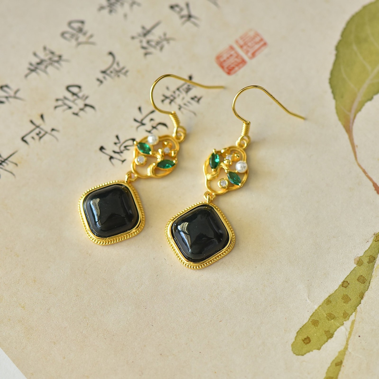 A Pair of Exquisite Sterling Silver-Gold Plated Inlaid Black Jade Earrings,Inlaid Diamond - 4