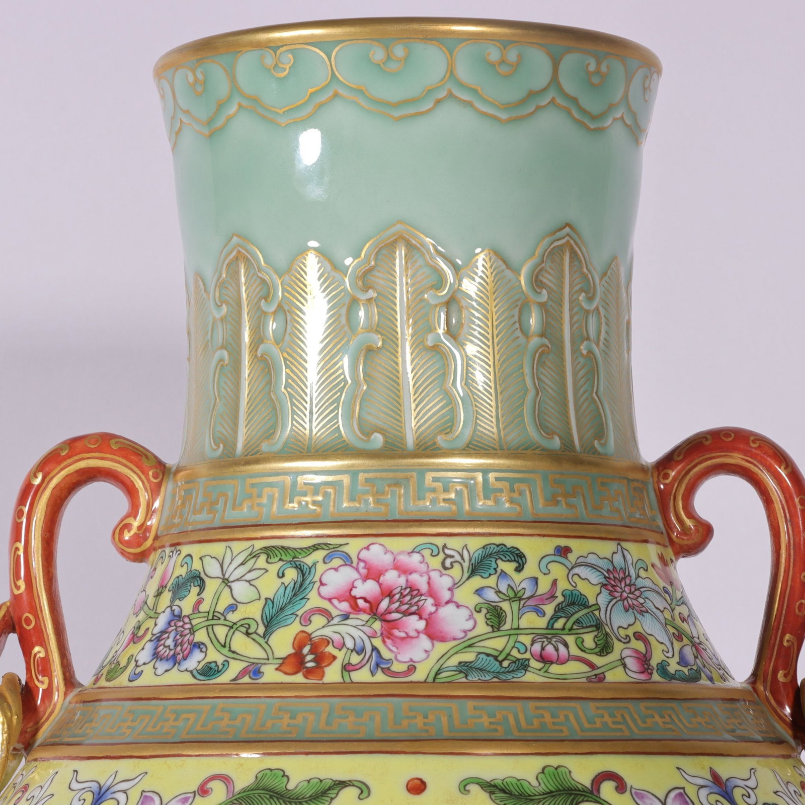 A Huge Famille-Rose Yellow Ground Painted Gold Lotus,Landscape and Figure Pattern Ruyi-Ears Vase - 2