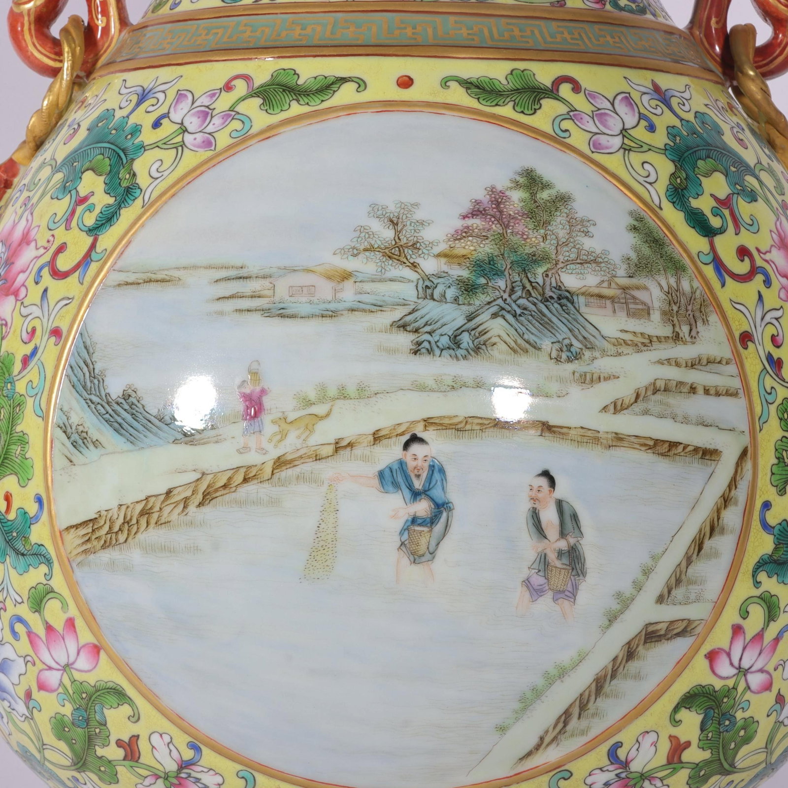 A Huge Famille-Rose Yellow Ground Painted Gold Lotus,Landscape and Figure Pattern Ruyi-Ears Vase - 3