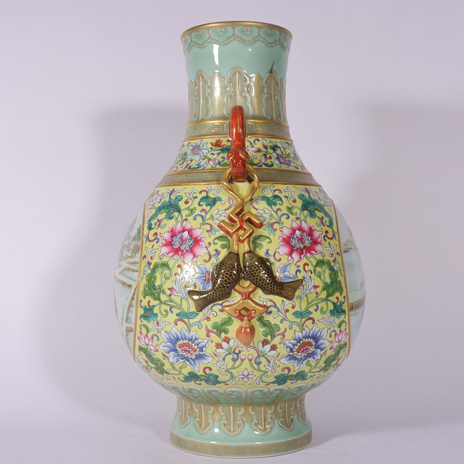 A Huge Famille-Rose Yellow Ground Painted Gold Lotus,Landscape and Figure Pattern Ruyi-Ears Vase - 4