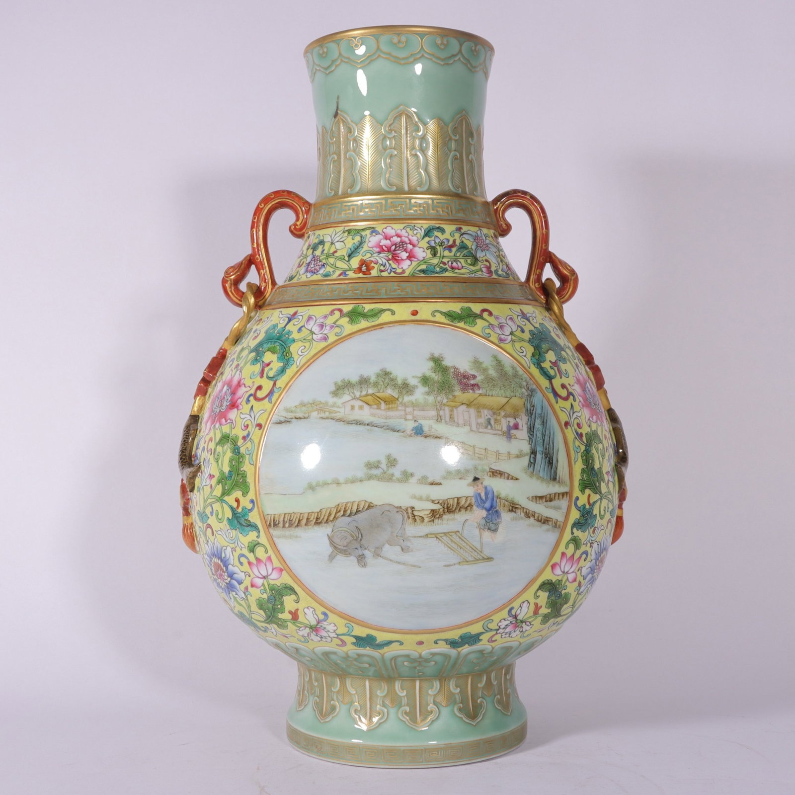 A Huge Famille-Rose Yellow Ground Painted Gold Lotus,Landscape and Figure Pattern Ruyi-Ears Vase - 5