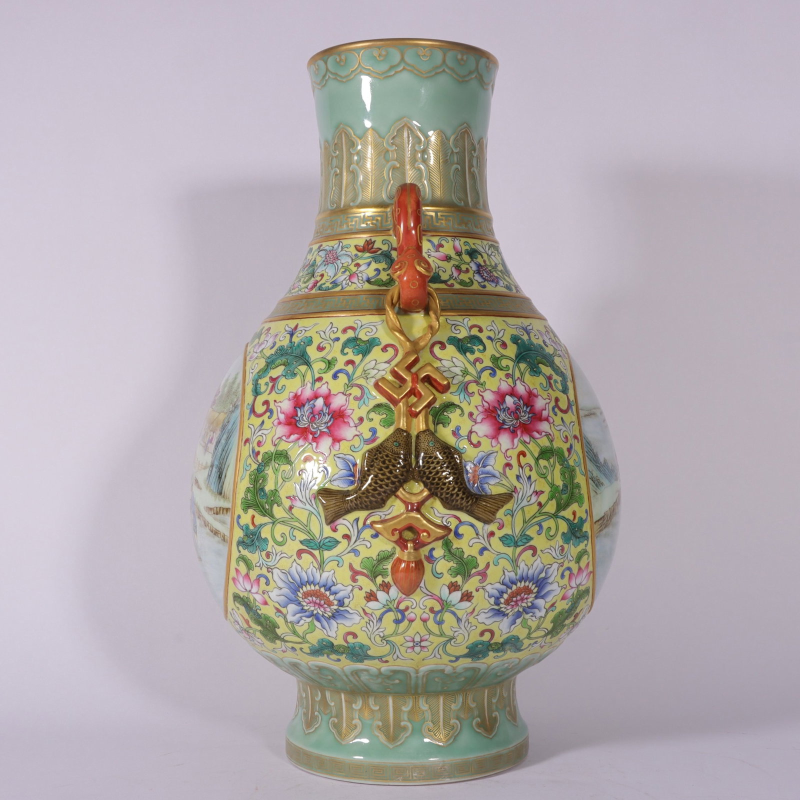 A Huge Famille-Rose Yellow Ground Painted Gold Lotus,Landscape and Figure Pattern Ruyi-Ears Vase - 6