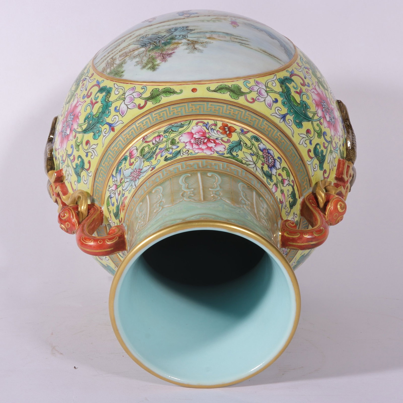 A Huge Famille-Rose Yellow Ground Painted Gold Lotus,Landscape and Figure Pattern Ruyi-Ears Vase - 7