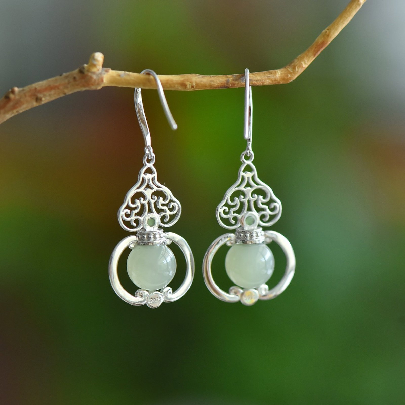 A Pair of Exquisite Sterling Silver Inlaid Greenish Jade Gourd Earrings - 2