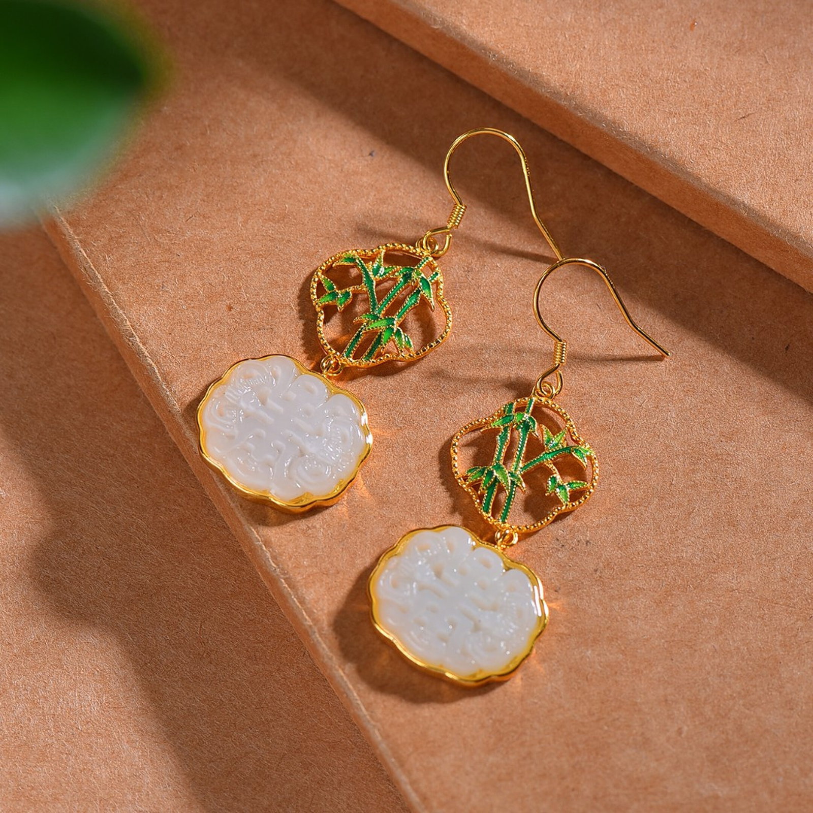 A Pair of Exquisite Sterling Silver-Gold Plated Inlaid White Jade Enamel Earrings - 2
