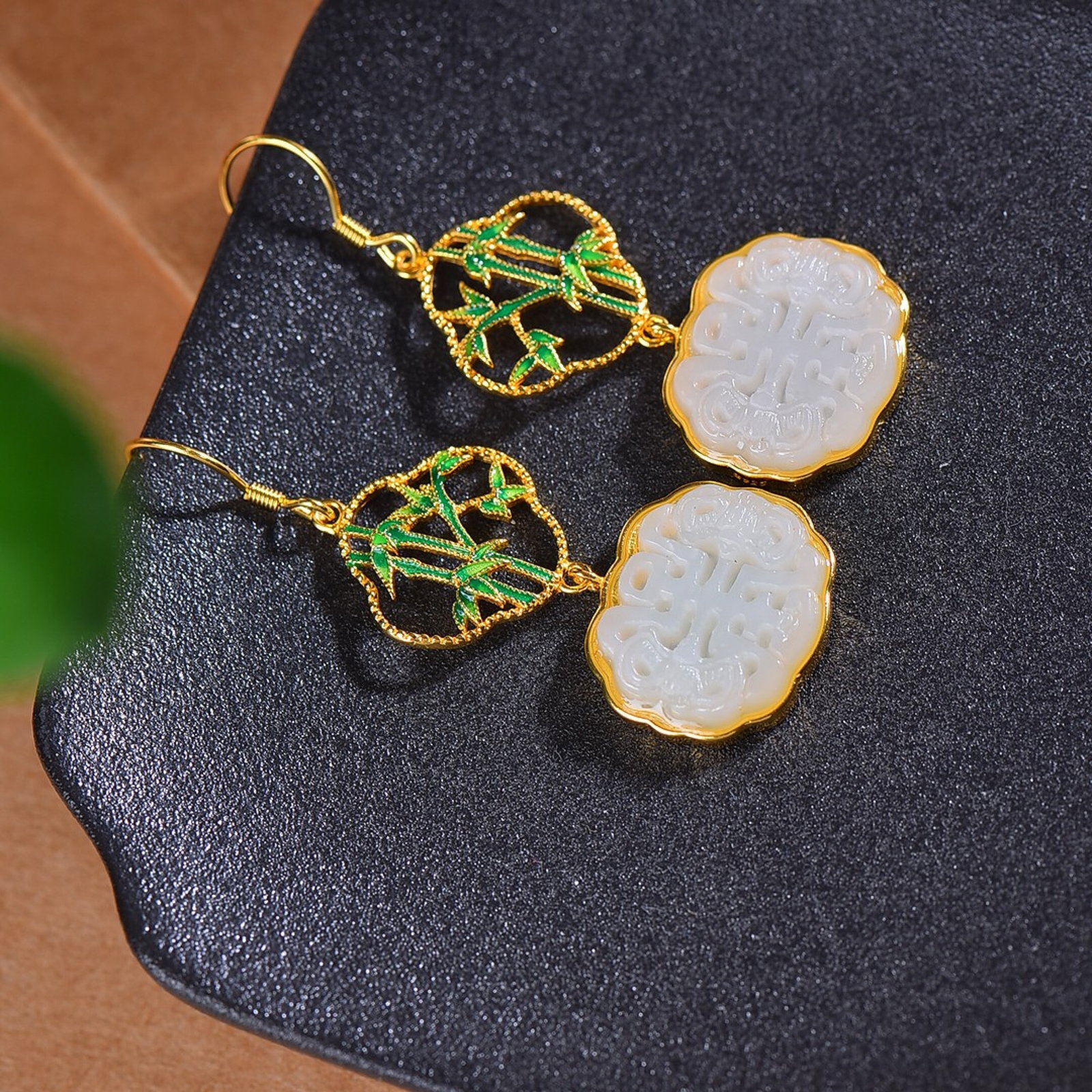 A Pair of Exquisite Sterling Silver-Gold Plated Inlaid White Jade Enamel Earrings - 3