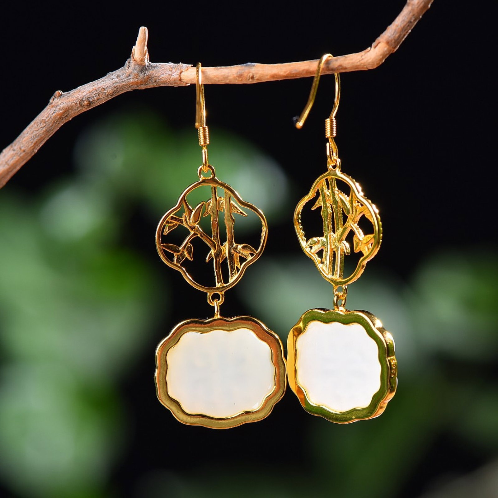 A Pair of Exquisite Sterling Silver-Gold Plated Inlaid White Jade Enamel Earrings - 5