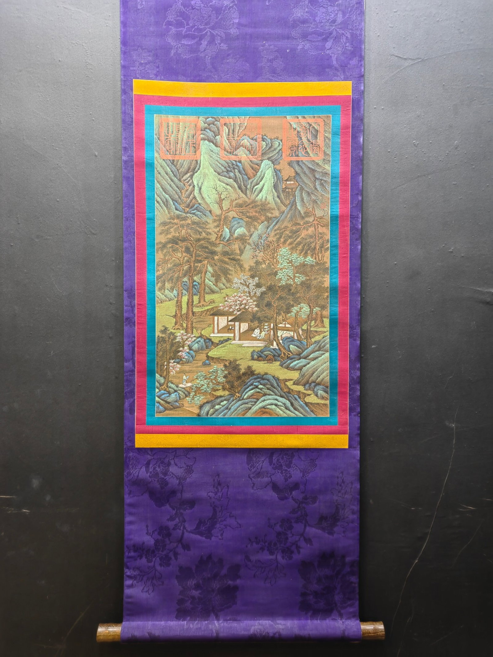 A Chinese Vertical Scroll Ink Painting of Landscape on Silk: A Chinese Vertical Scroll Ink Painting of Landscape on Silk,Guan Tong,Size:14.2inx24.5in 一幅中国水墨绢本山水画立轴,ࠥ