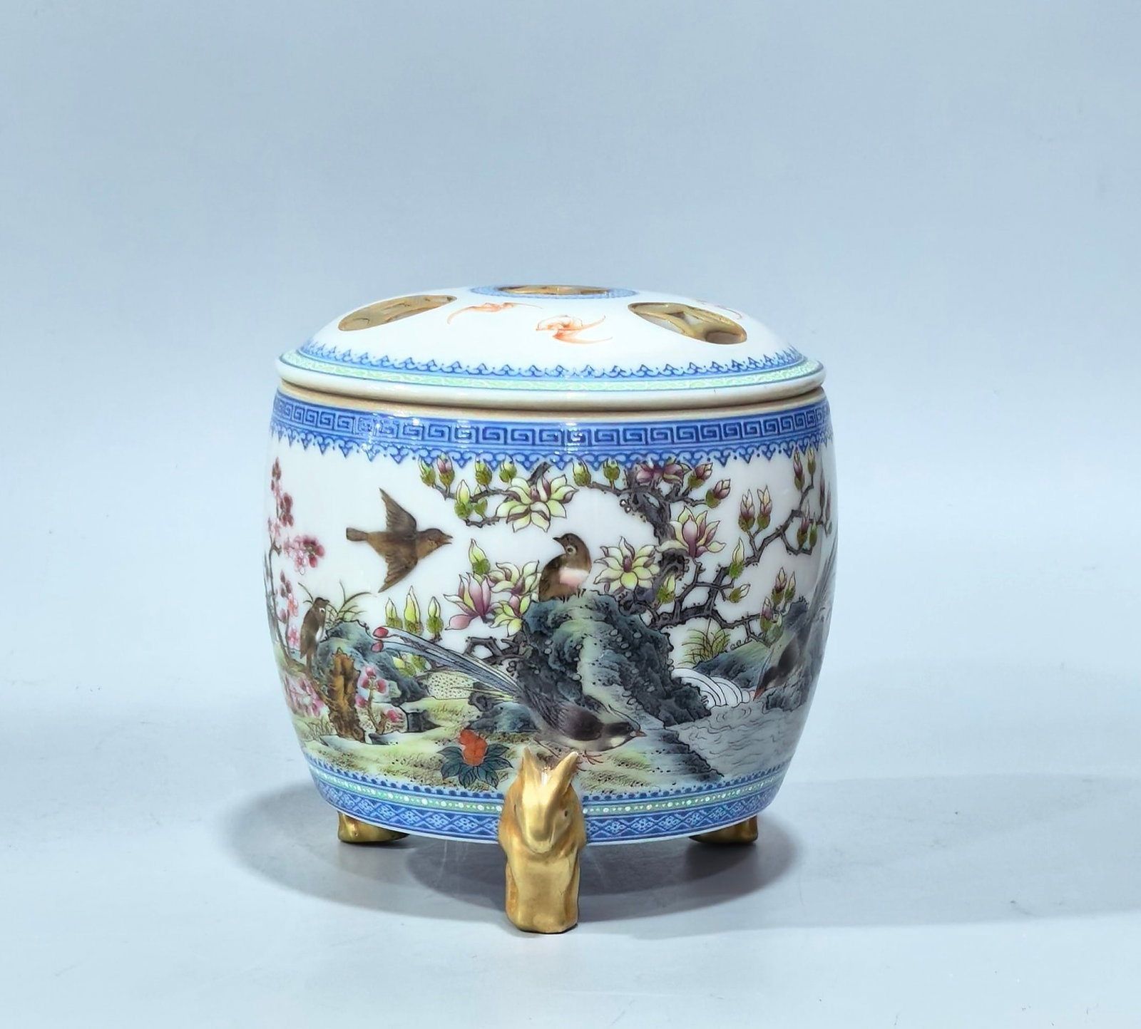 An Exquisite Enamel Flower and Bird Pattern Tripod Censer,with poem: An Exquisite Enamel Flower and Bird Pattern Tripod Censer,with poem,Qing Dynasty,China,Qianlong Six-character Mark,Size:4.5inx4.3in