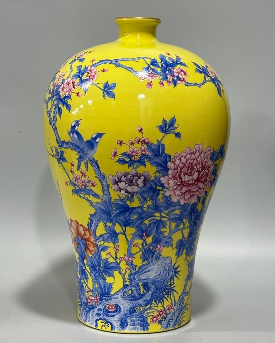 A Rare Enamel Yellow Glazed Flower and Bird Pattern Vase,with poem: A Rare Enamel Yellow Glazed Flower and Bird Pattern Vase,with poem,Qing Dynasty,China,Yongzheng Six-character Mark,Size:13inx7.9in